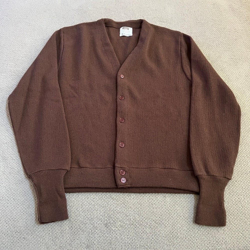 Vintage 1970s Montgomery Ward Brown Acrylic Knit Cardigan Sweater Mens Medium